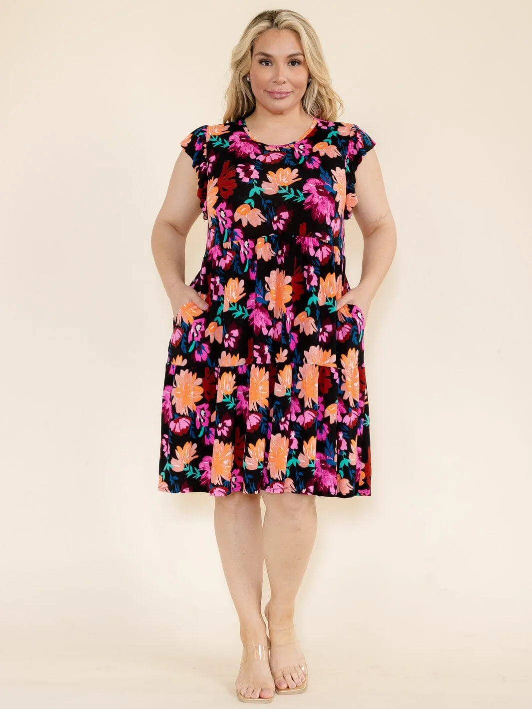 PLUS SIZE RUFFLE SLEEVE FLORAL PRINT TUNIC HIGH-LOW FRONT POCKETS MINI DRESS