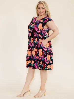PLUS SIZE RUFFLE SLEEVE FLORAL PRINT TUNIC HIGH-LOW FRONT POCKETS MINI DRESS