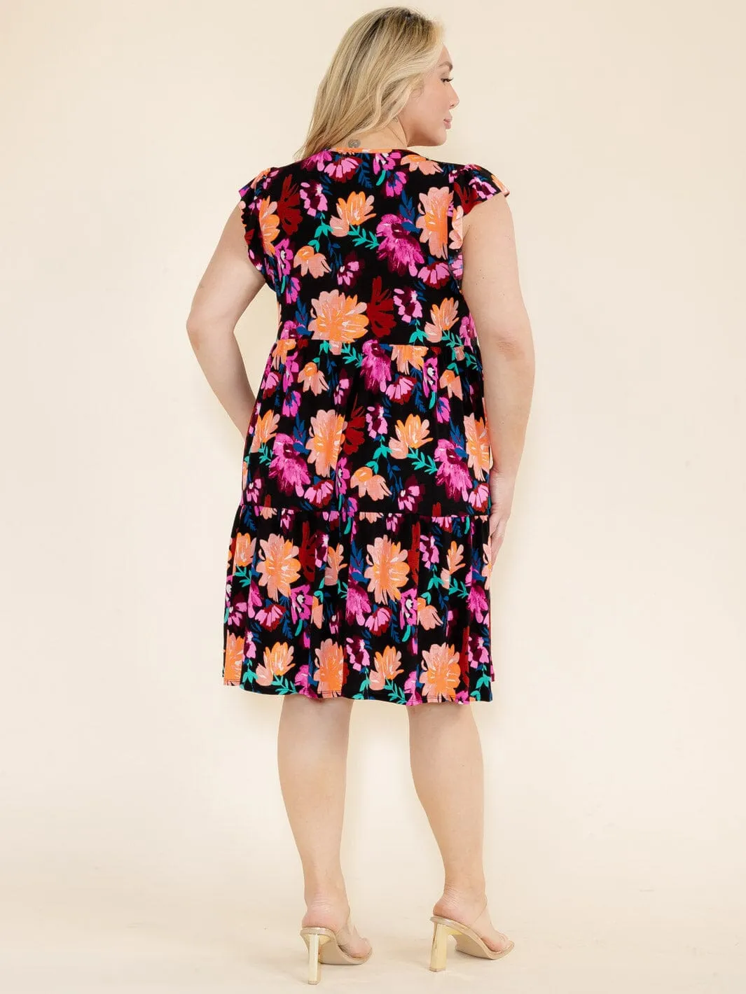 PLUS SIZE RUFFLE SLEEVE FLORAL PRINT TUNIC HIGH-LOW FRONT POCKETS MINI DRESS