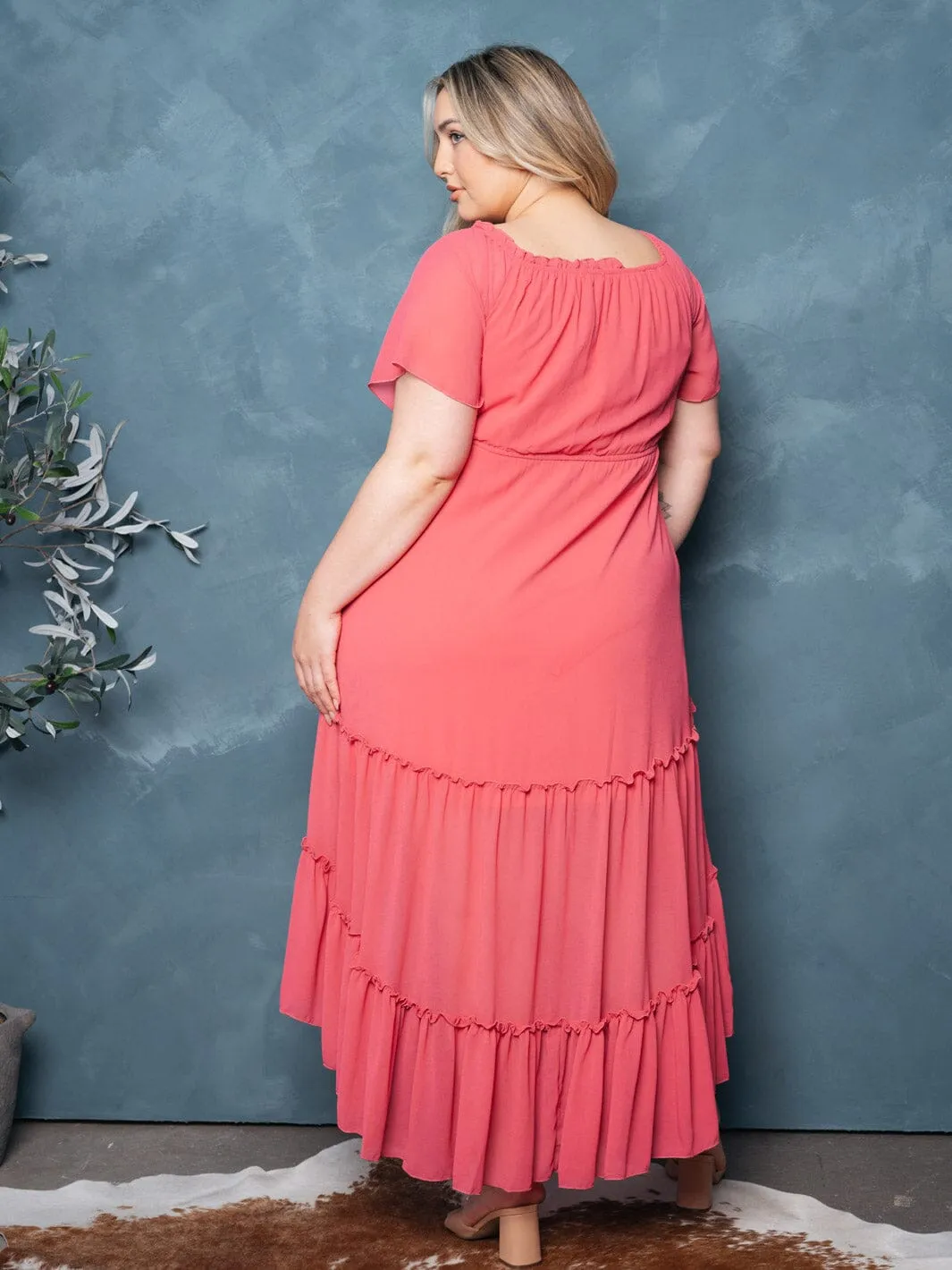 PLUS SIZE SHORT SLEEVE TIERED RUFFLE HIGH-LOW MIDI DRESS