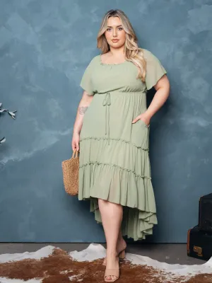 PLUS SIZE SHORT SLEEVE TIERED RUFFLE HIGH-LOW MIDI DRESS