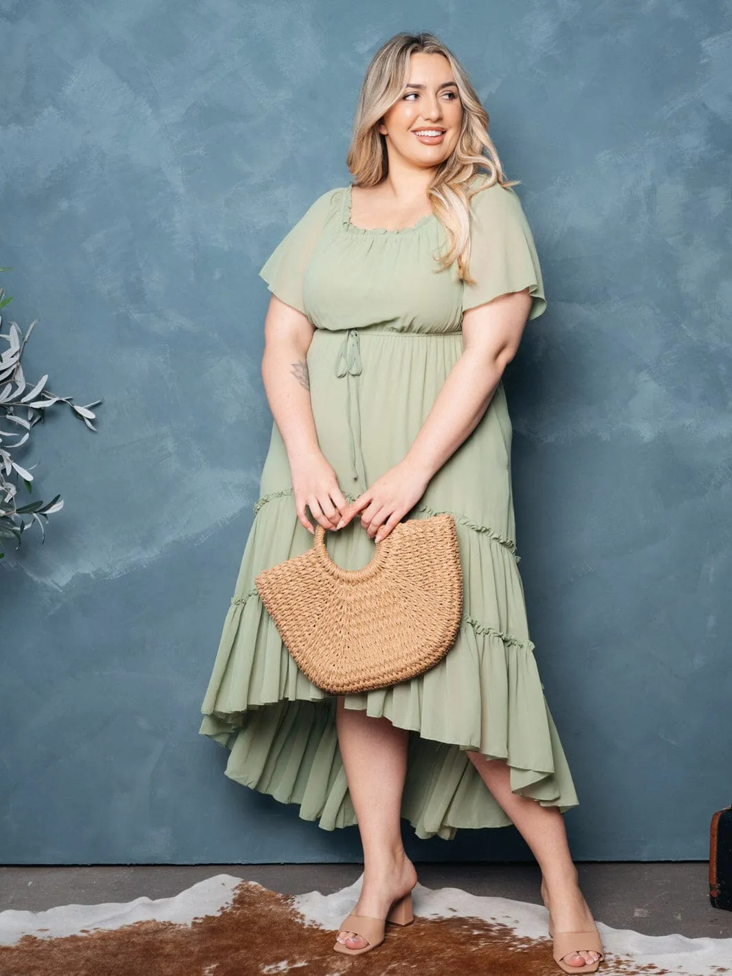 PLUS SIZE SHORT SLEEVE TIERED RUFFLE HIGH-LOW MIDI DRESS