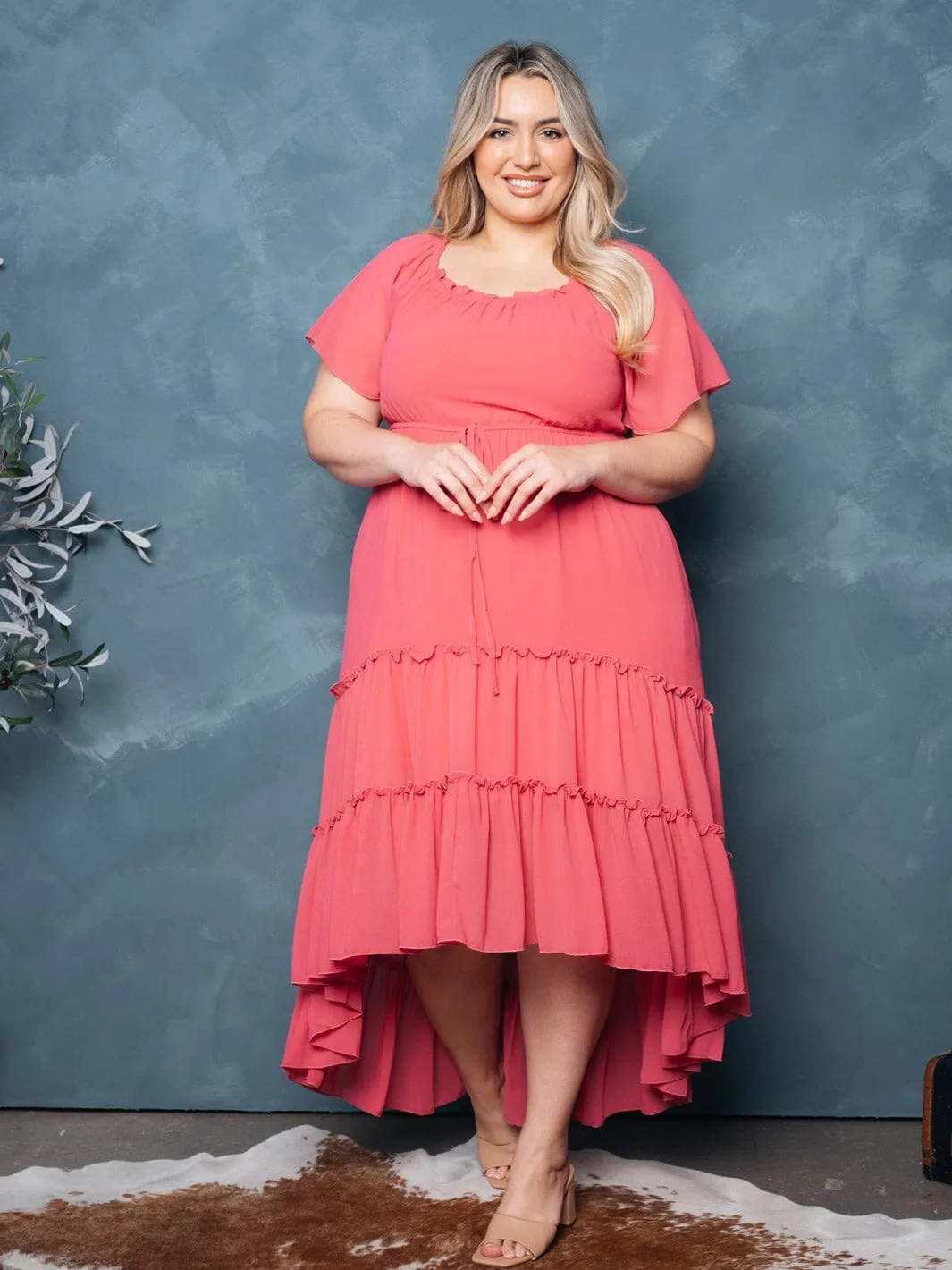 PLUS SIZE SHORT SLEEVE TIERED RUFFLE HIGH-LOW MIDI DRESS
