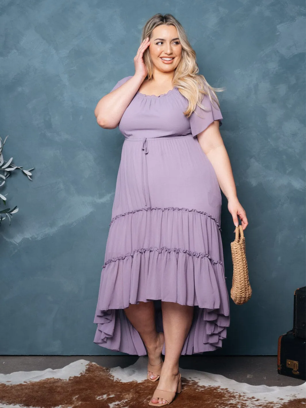 PLUS SIZE SHORT SLEEVE TIERED RUFFLE HIGH-LOW MIDI DRESS