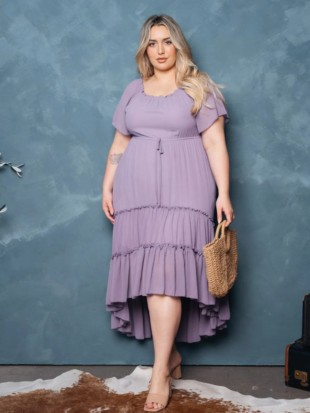 PLUS SIZE SHORT SLEEVE TIERED RUFFLE HIGH-LOW MIDI DRESS