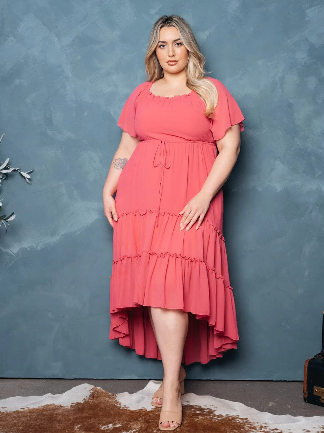 PLUS SIZE SHORT SLEEVE TIERED RUFFLE HIGH-LOW MIDI DRESS