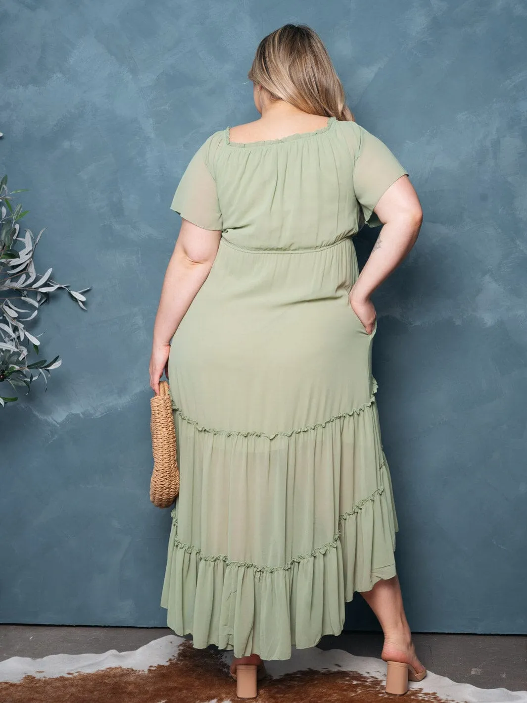 PLUS SIZE SHORT SLEEVE TIERED RUFFLE HIGH-LOW MIDI DRESS