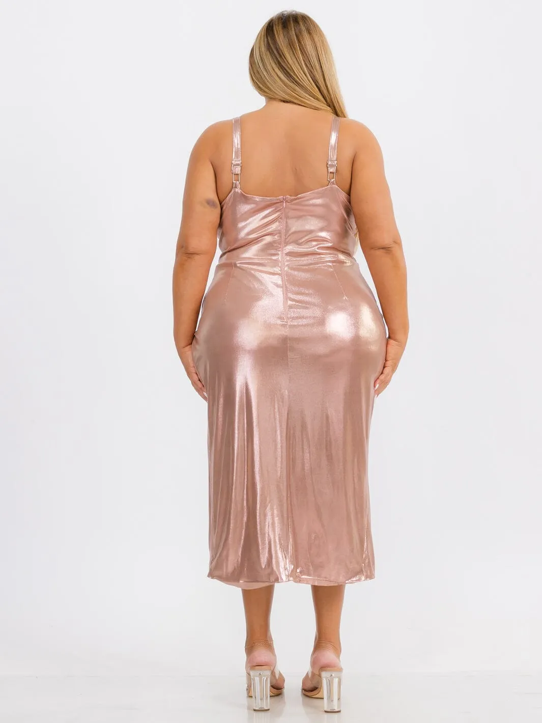 PLUS SIZE SLEEVELESS BODYCON V-NECK SURPLICE SHIMMER MIDI DRESS