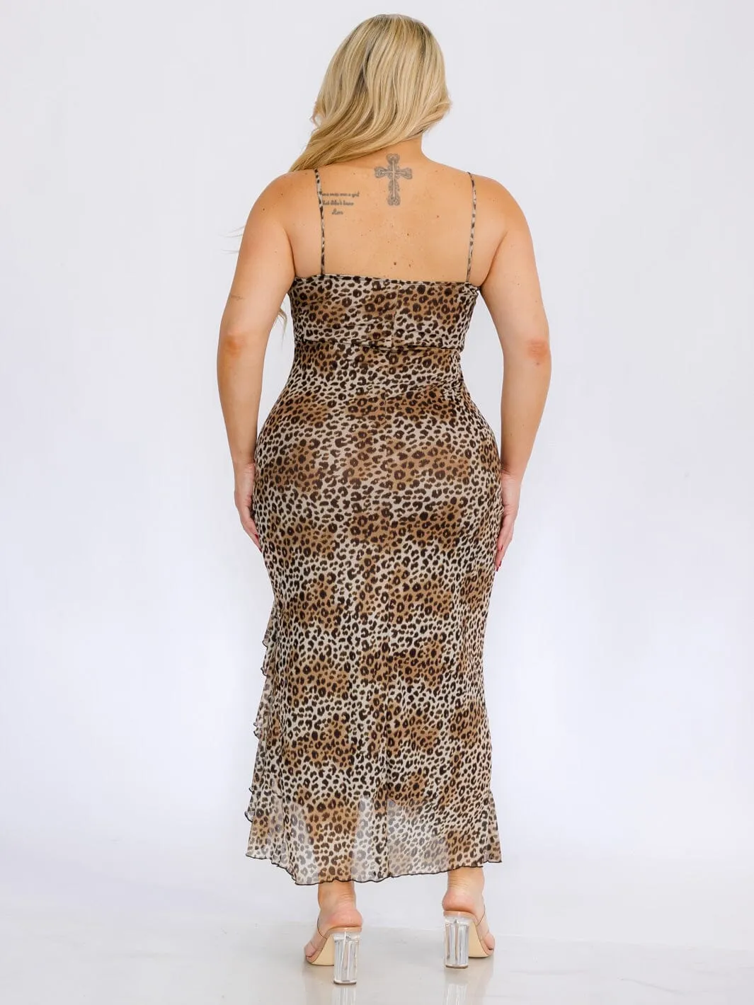 PLUS SIZE SLEEVEVESS FRONT SLIT ANIMAL PRINT MAXI DRESS