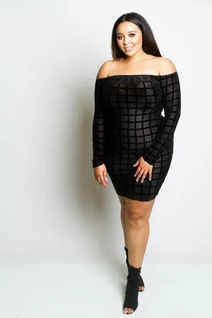 Plus Size Soft Velvet Grid See Through Mesh Dress