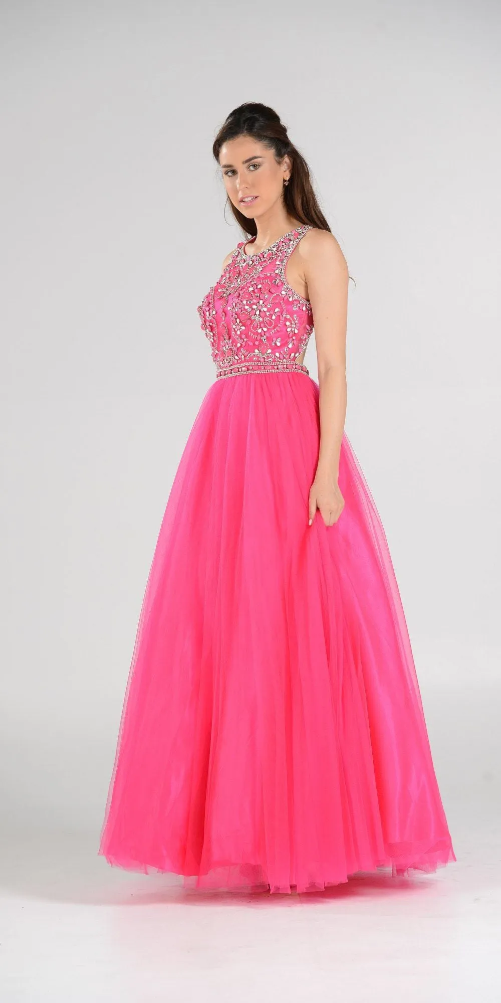 Poly USA 7940 Cut-Out Back Beaded Illusion Bodice Mesh Ball Gown