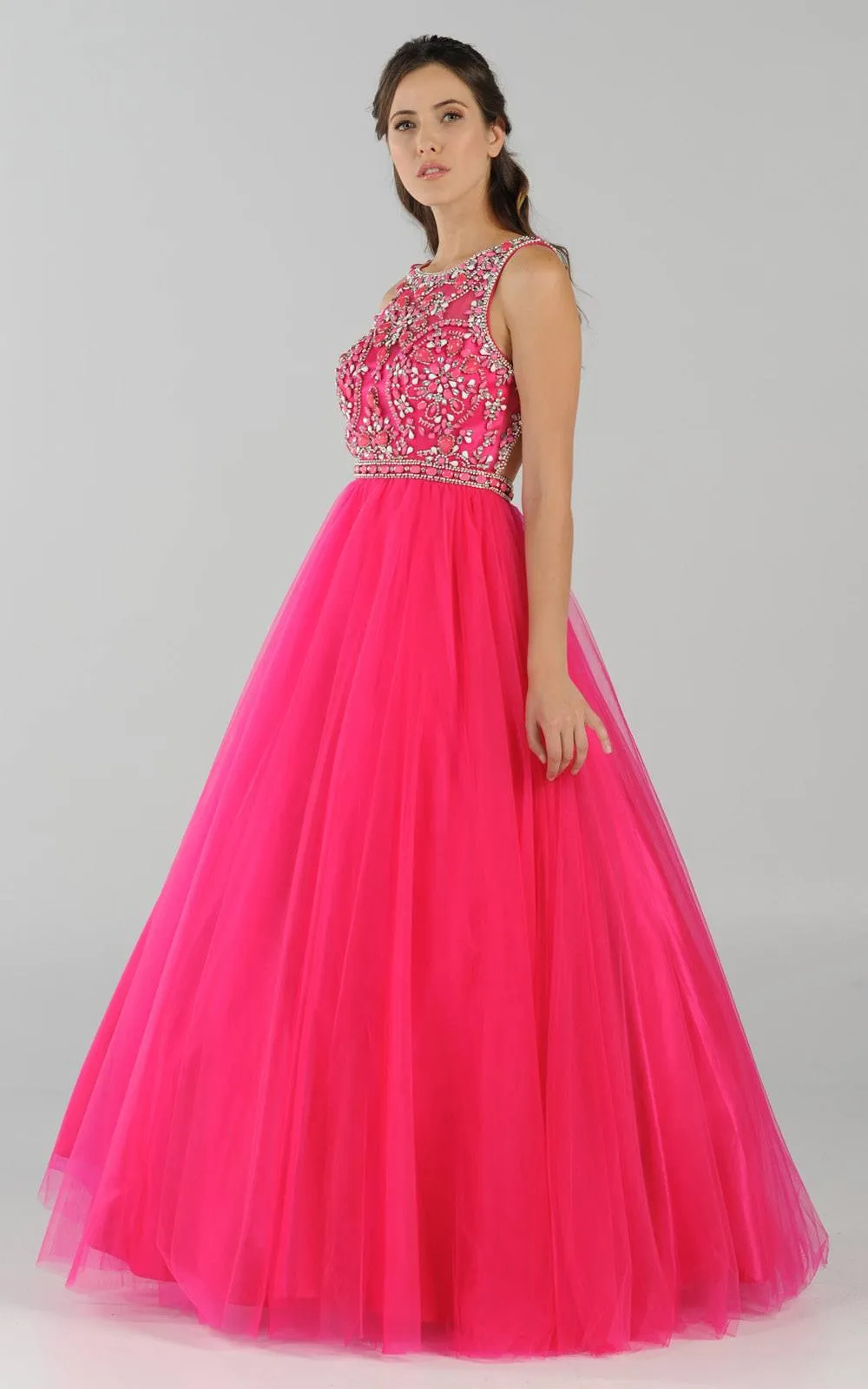 Poly USA 7940 Cut-Out Back Beaded Illusion Bodice Mesh Ball Gown