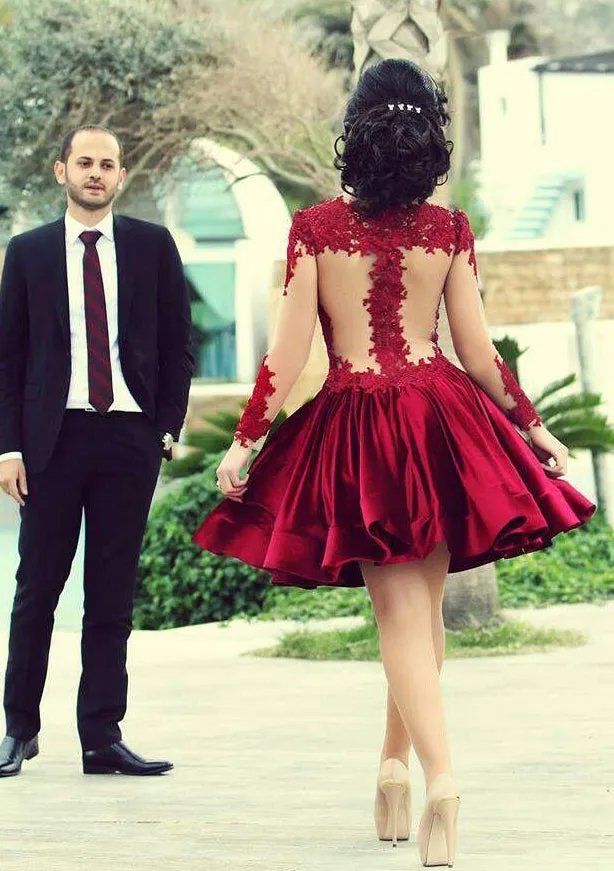 Princess Jewel Neck Illusion Full Sleeve Short Mini Charmeuse Homecoming Dress, Lace