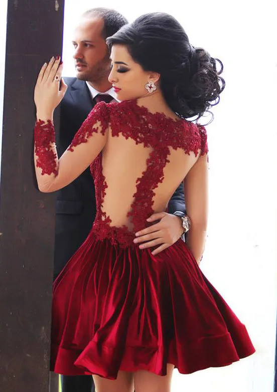 Princess Jewel Neck Illusion Full Sleeve Short Mini Charmeuse Homecoming Dress, Lace