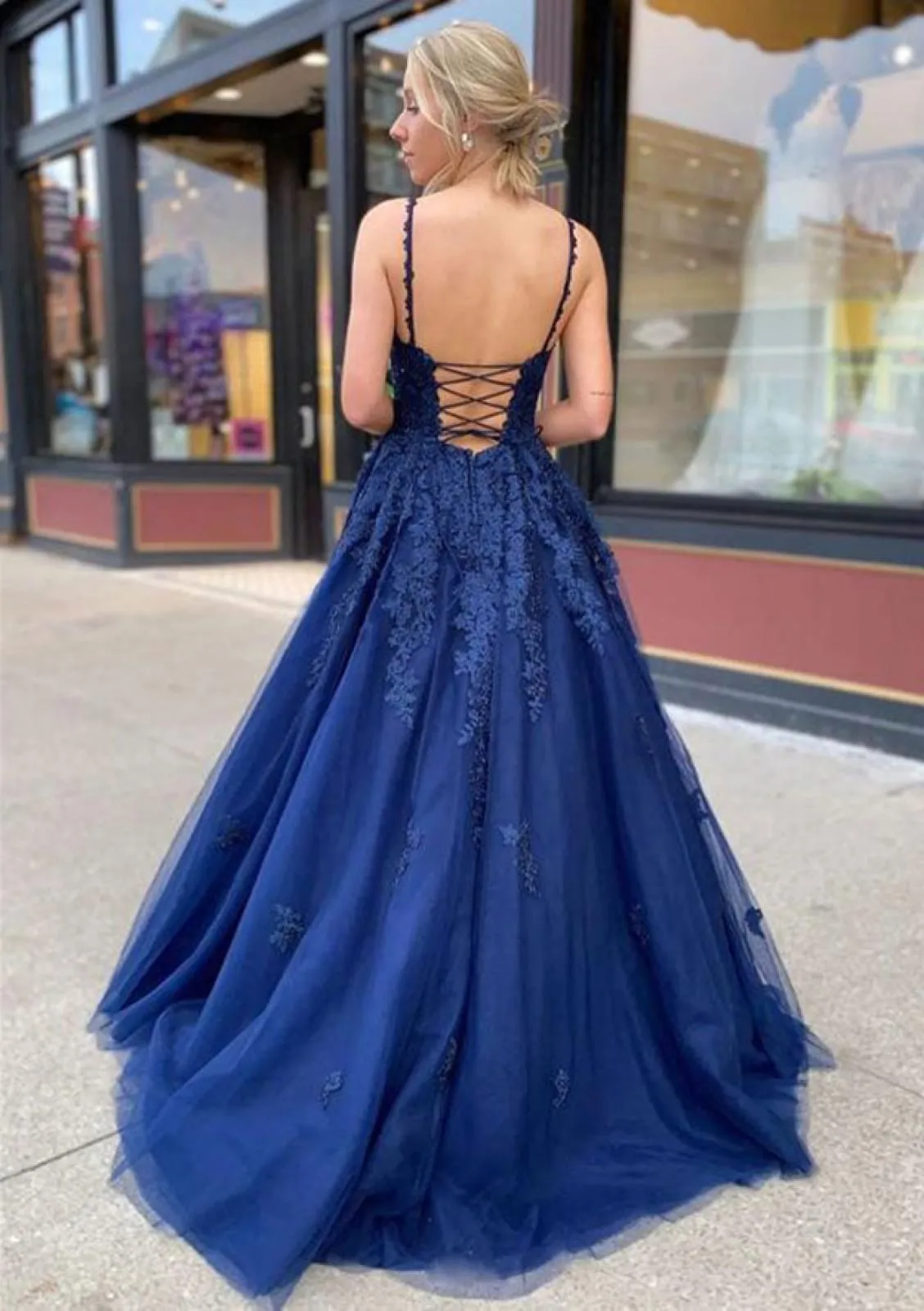 Princess Navy Blue Backless Lace-up Tulle Prom Dress Evening Gown, Lace