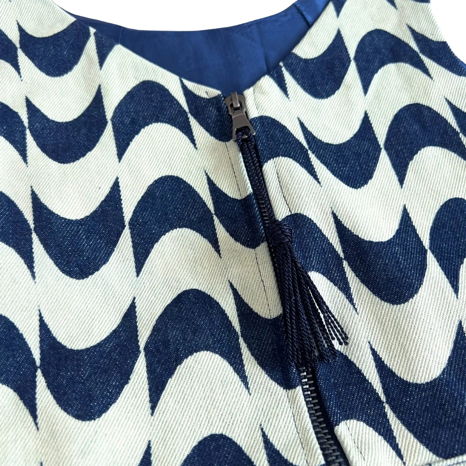 Printed Denim Crop Top with Cut Outs in Blue