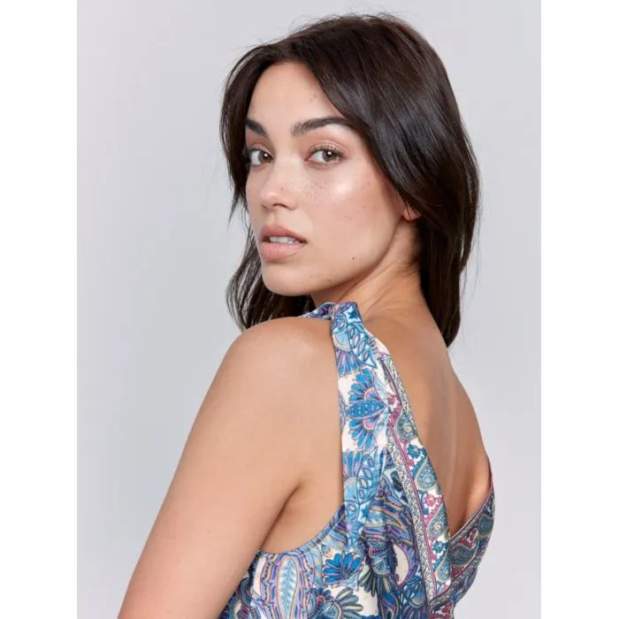 Printed Tie-Shoulder Satin Top