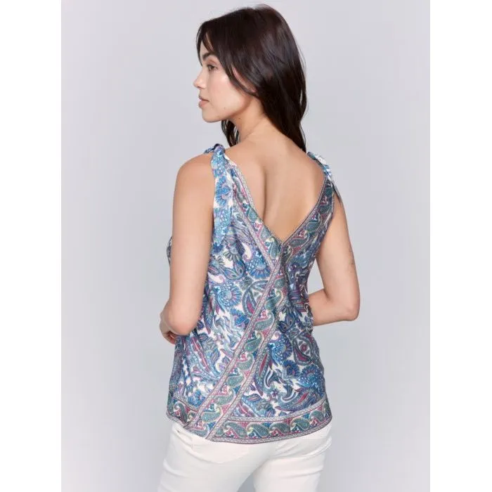 Printed Tie-Shoulder Satin Top