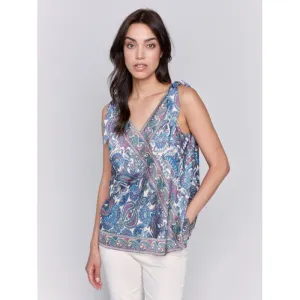 Printed Tie-Shoulder Satin Top