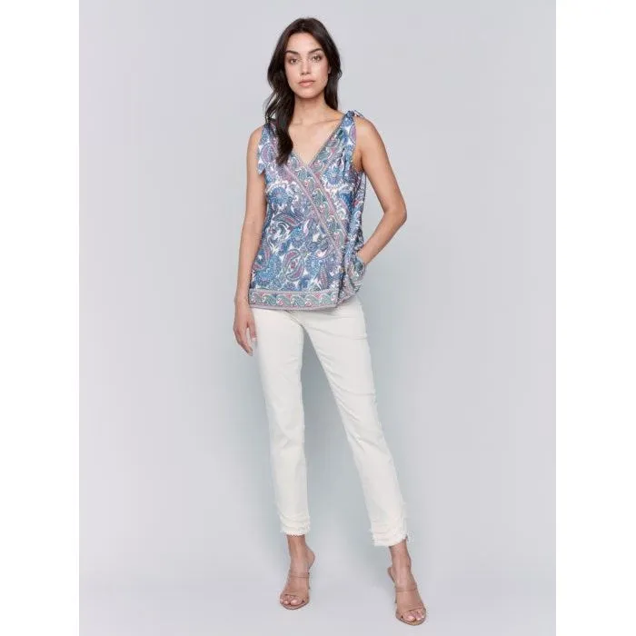 Printed Tie-Shoulder Satin Top