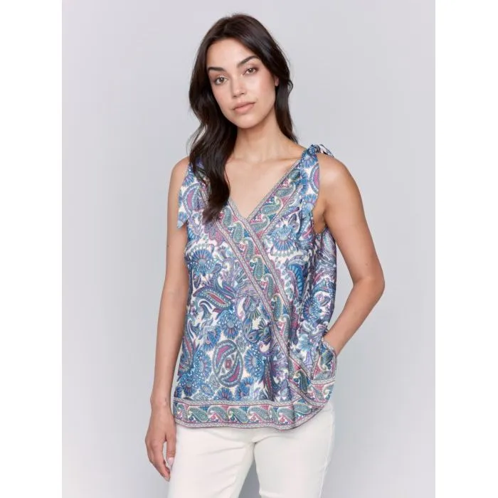 Printed Tie-Shoulder Satin Top