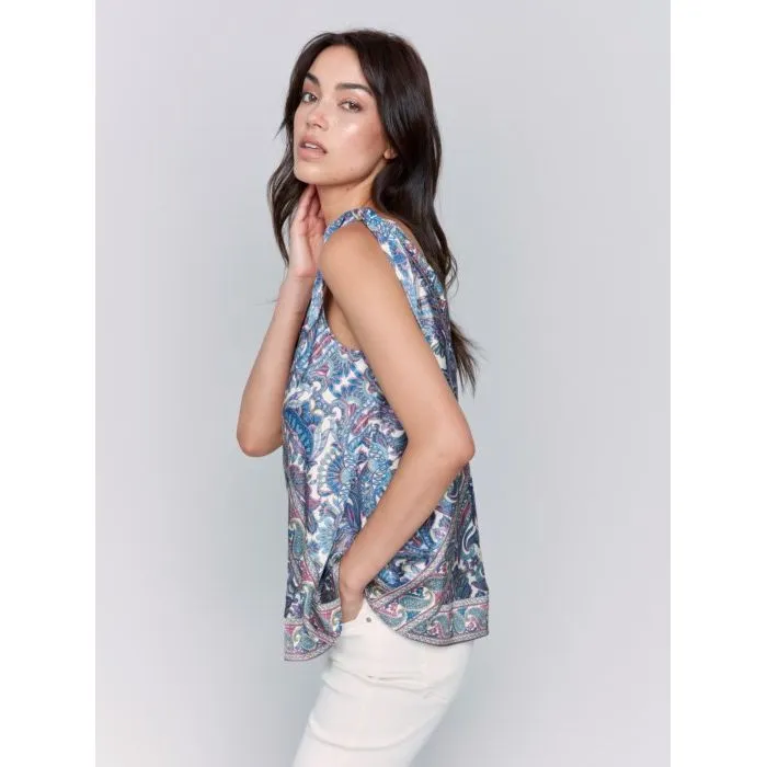 Printed Tie-Shoulder Satin Top