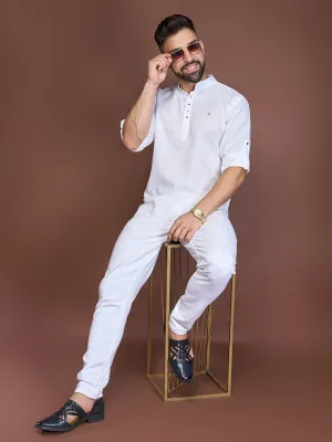 Pure White Silk Short Kurta For Men