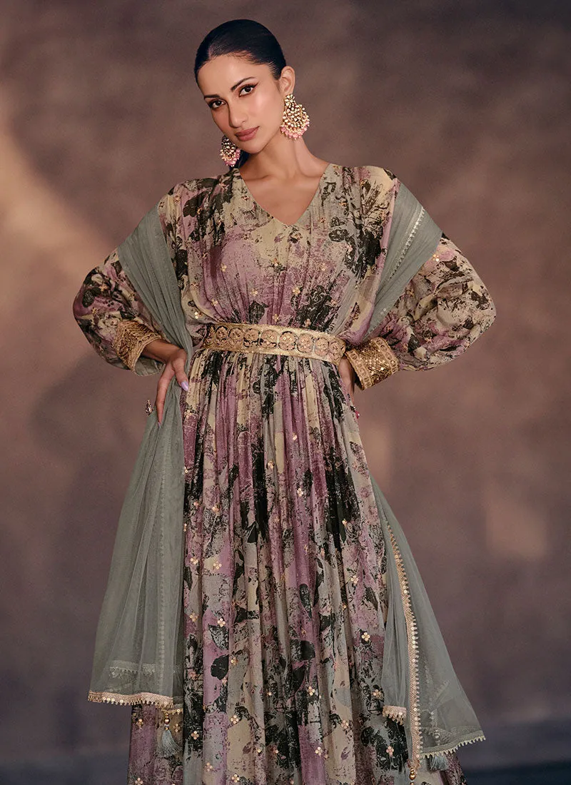 Purple Multi Digital Printed Sequence Embroidered Anarkali Gown