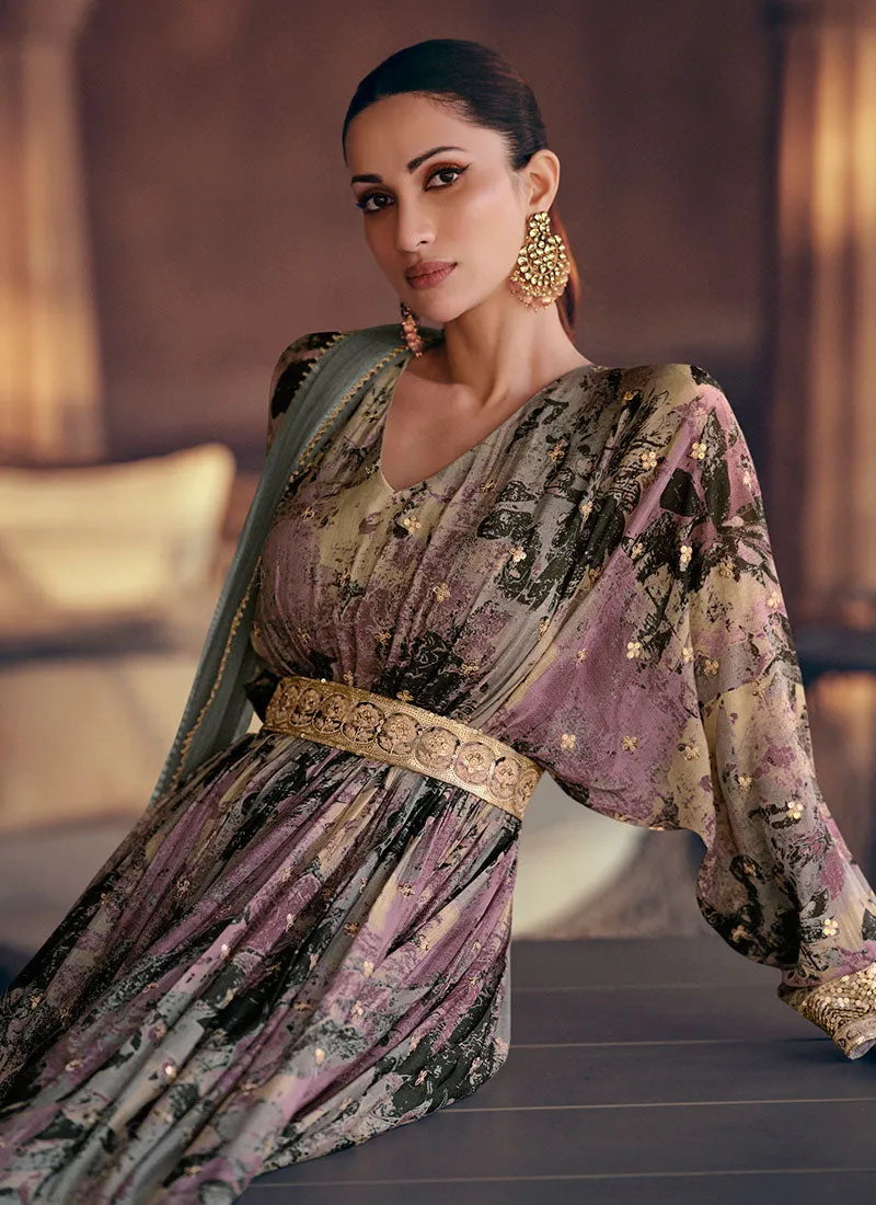 Purple Multi Digital Printed Sequence Embroidered Anarkali Gown