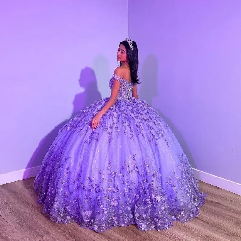 Purple Shiny Puffy Princess Quinceanera Dresses Off Shoulder Beads 3D Floral Gillter Sequins Lace-up Corset Vestidos 15 anos rosa     fg5533
