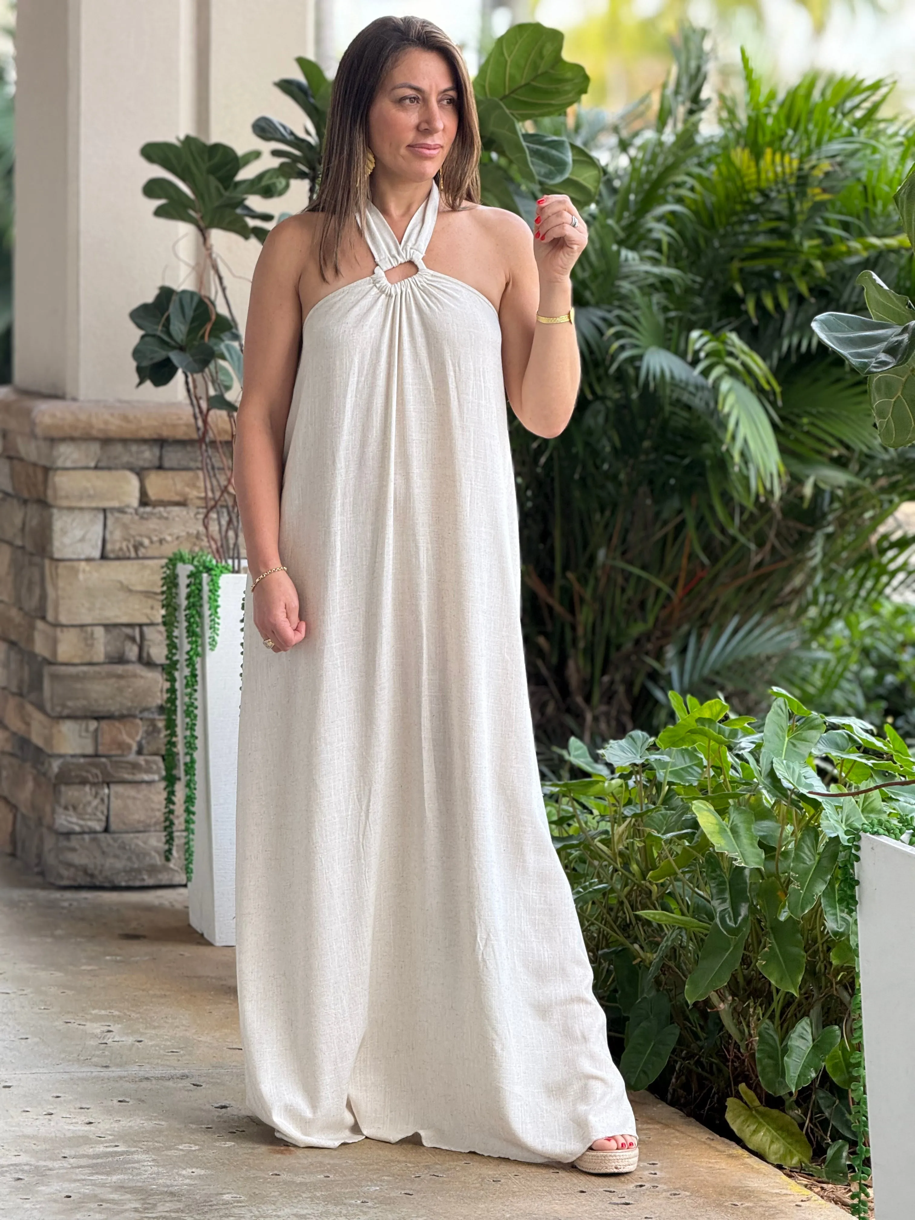 "Monique" Backless Linen Halter Maxi Dress