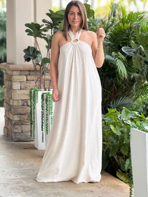 "Monique" Backless Linen Halter Maxi Dress