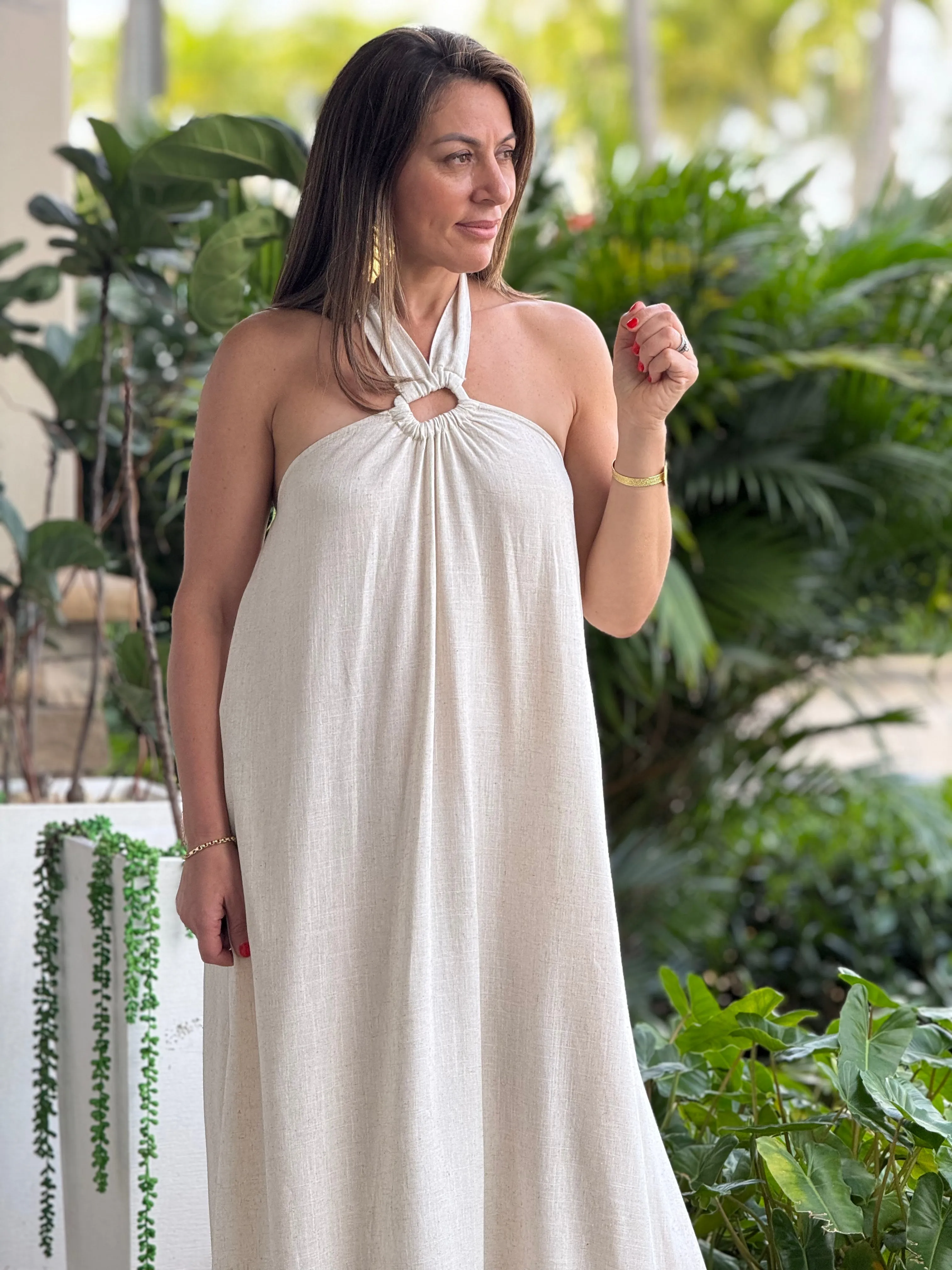 "Monique" Backless Linen Halter Maxi Dress