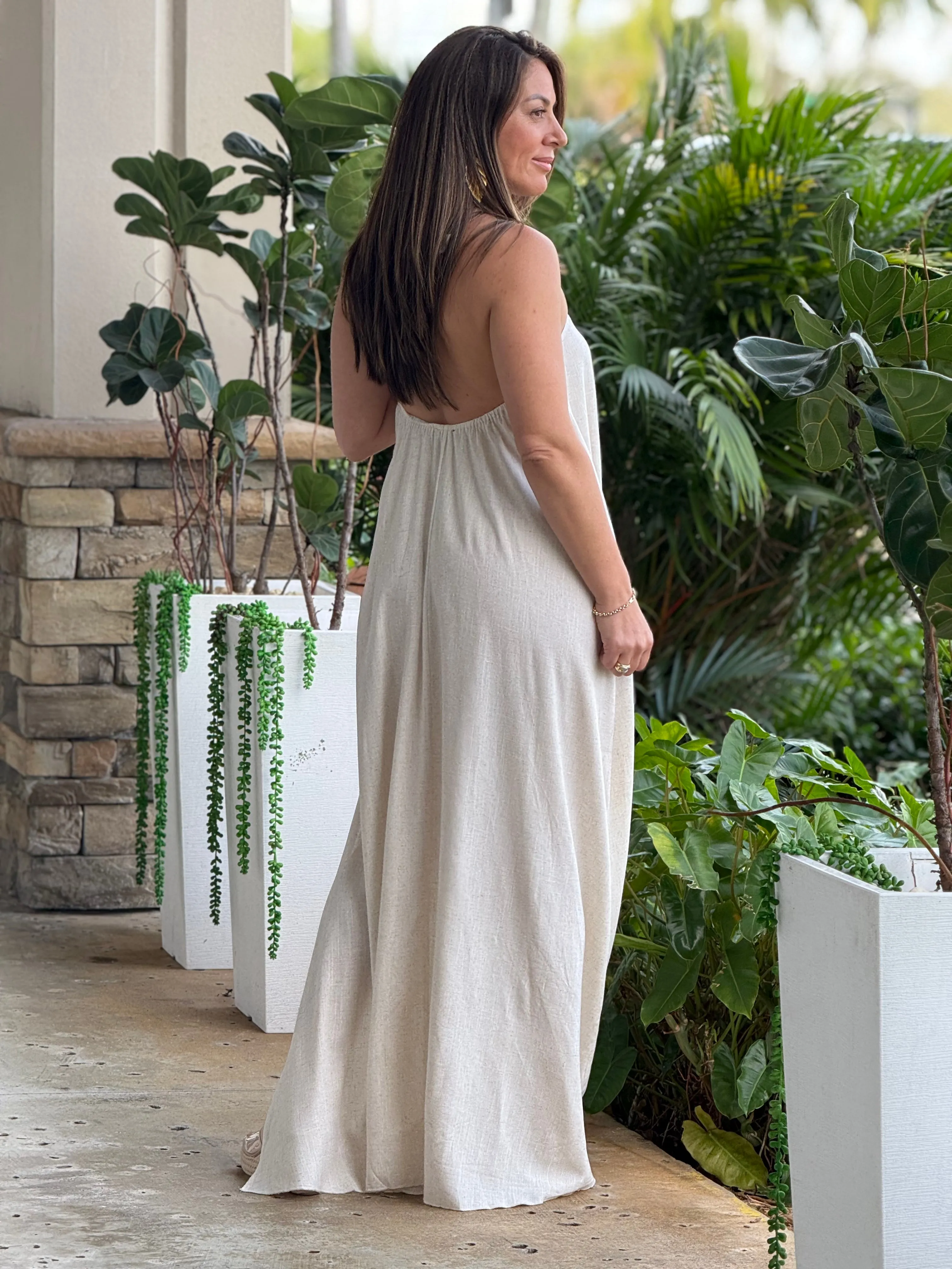 "Monique" Backless Linen Halter Maxi Dress