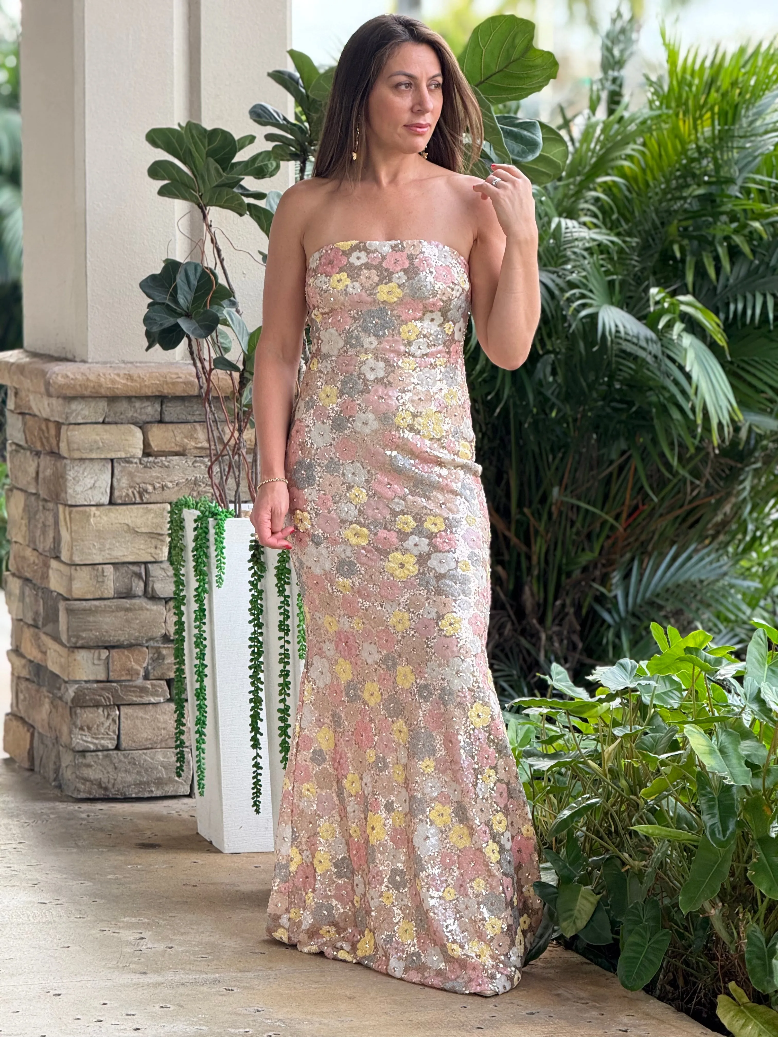 "Ruffina" Strapless Floral Sequin Maxi Dress