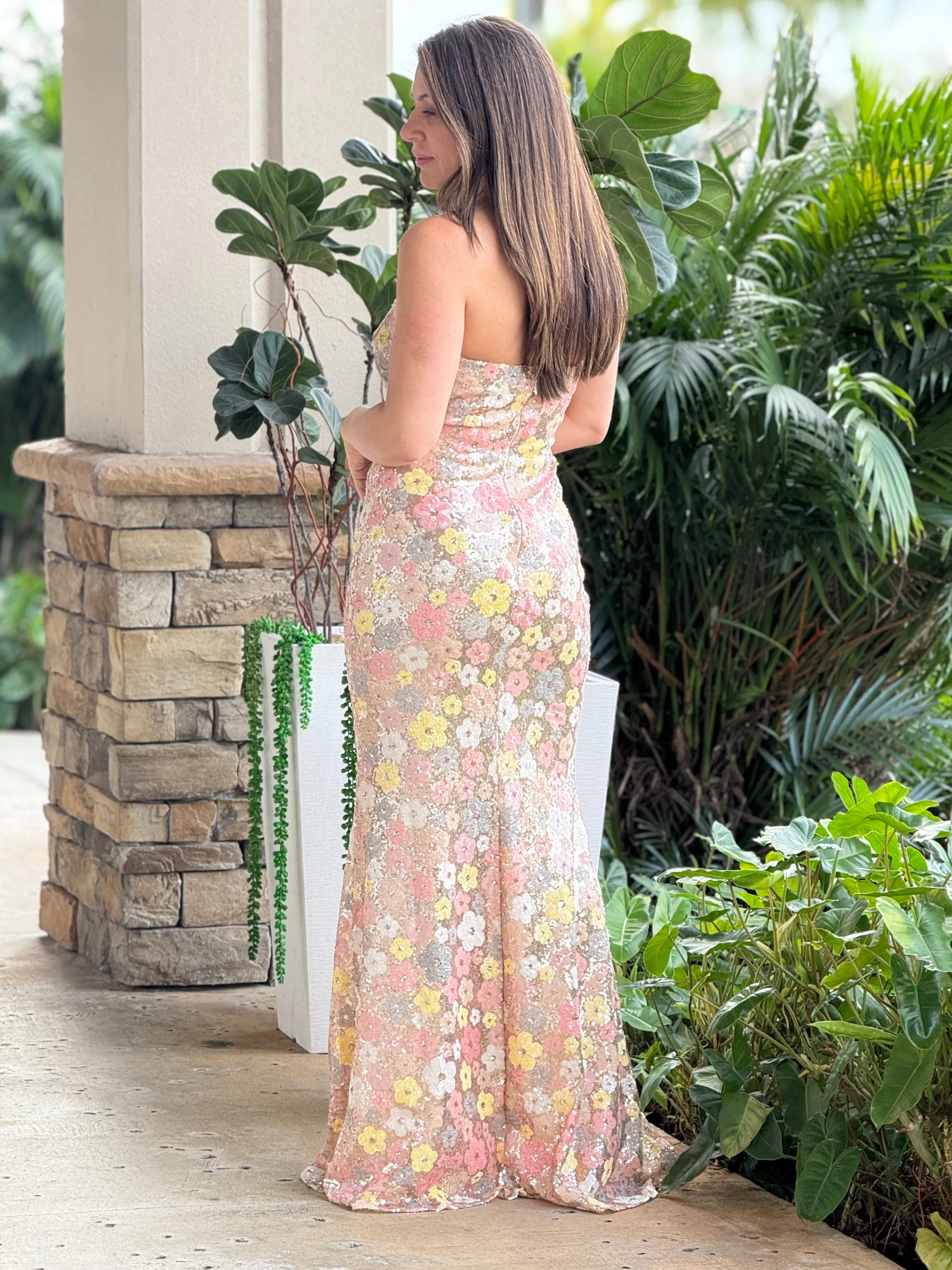 "Ruffina" Strapless Floral Sequin Maxi Dress