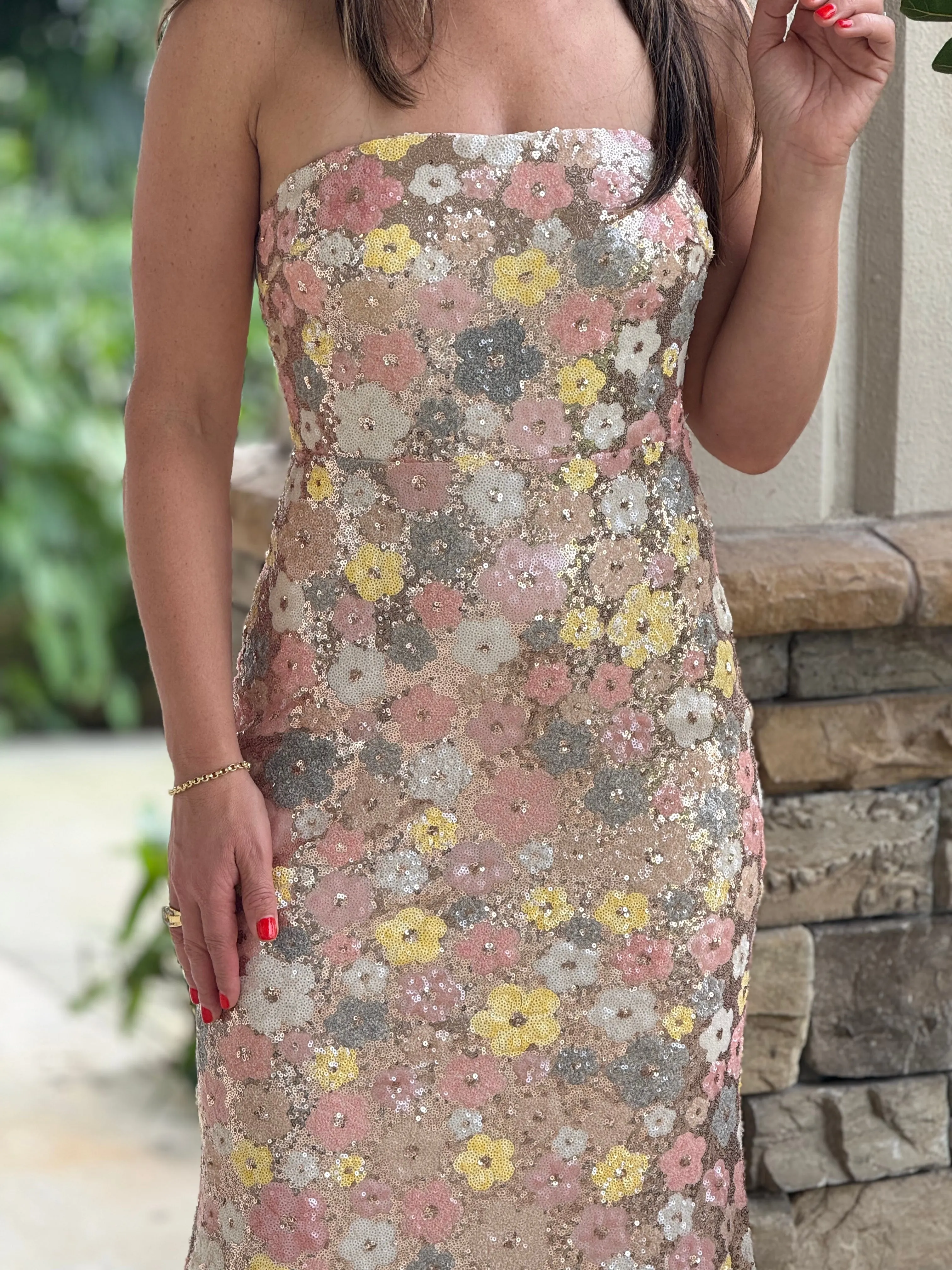 "Ruffina" Strapless Floral Sequin Maxi Dress