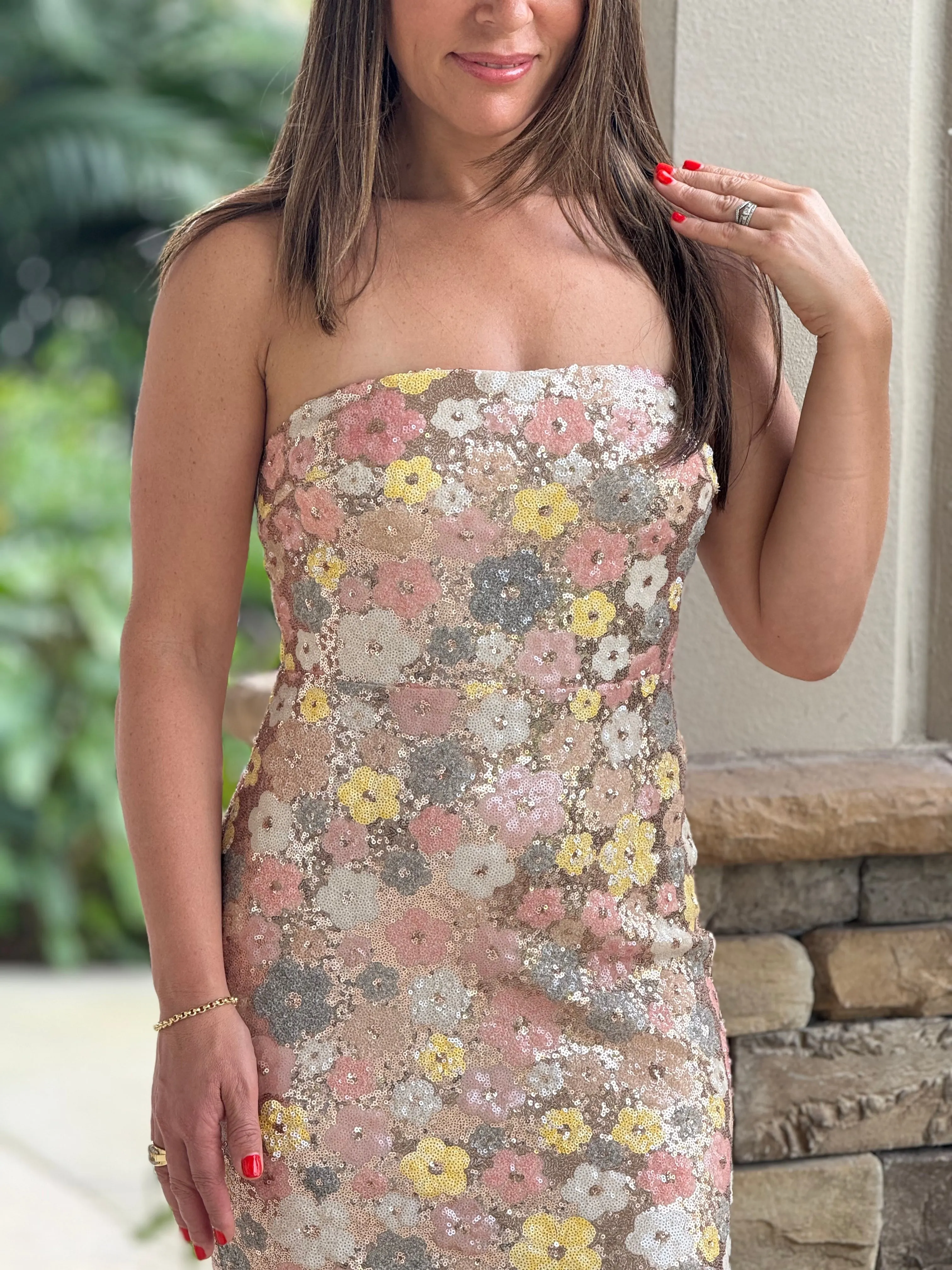 "Ruffina" Strapless Floral Sequin Maxi Dress