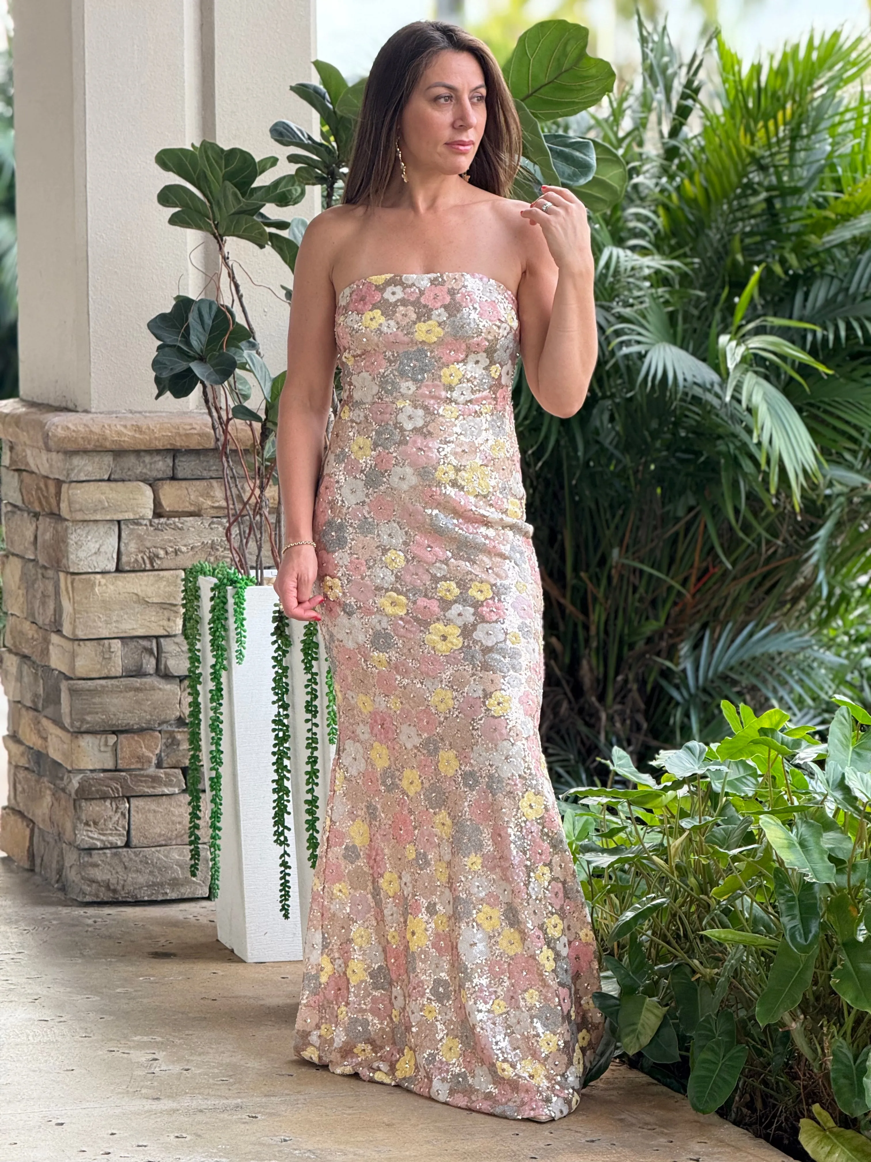 "Ruffina" Strapless Floral Sequin Maxi Dress