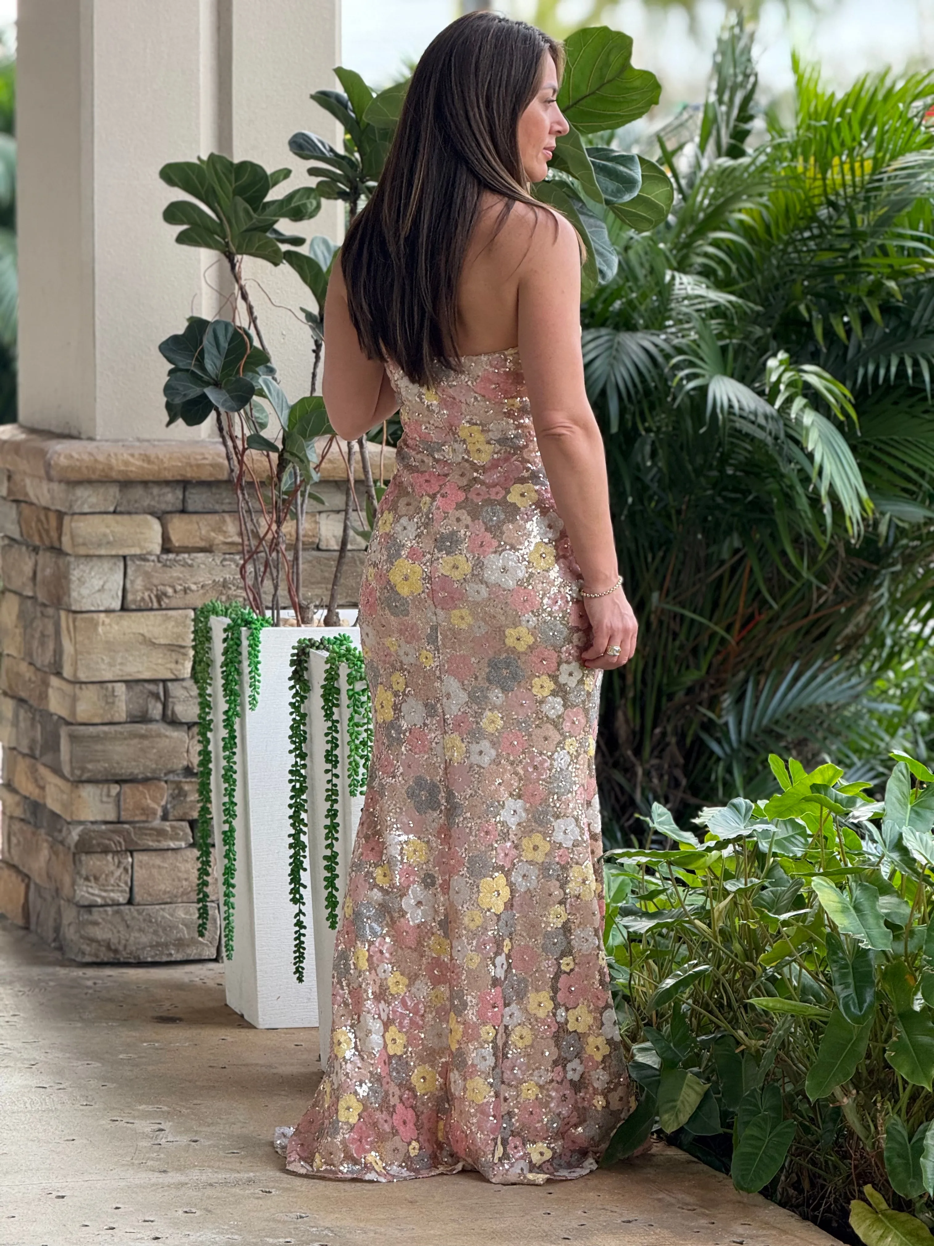 "Ruffina" Strapless Floral Sequin Maxi Dress
