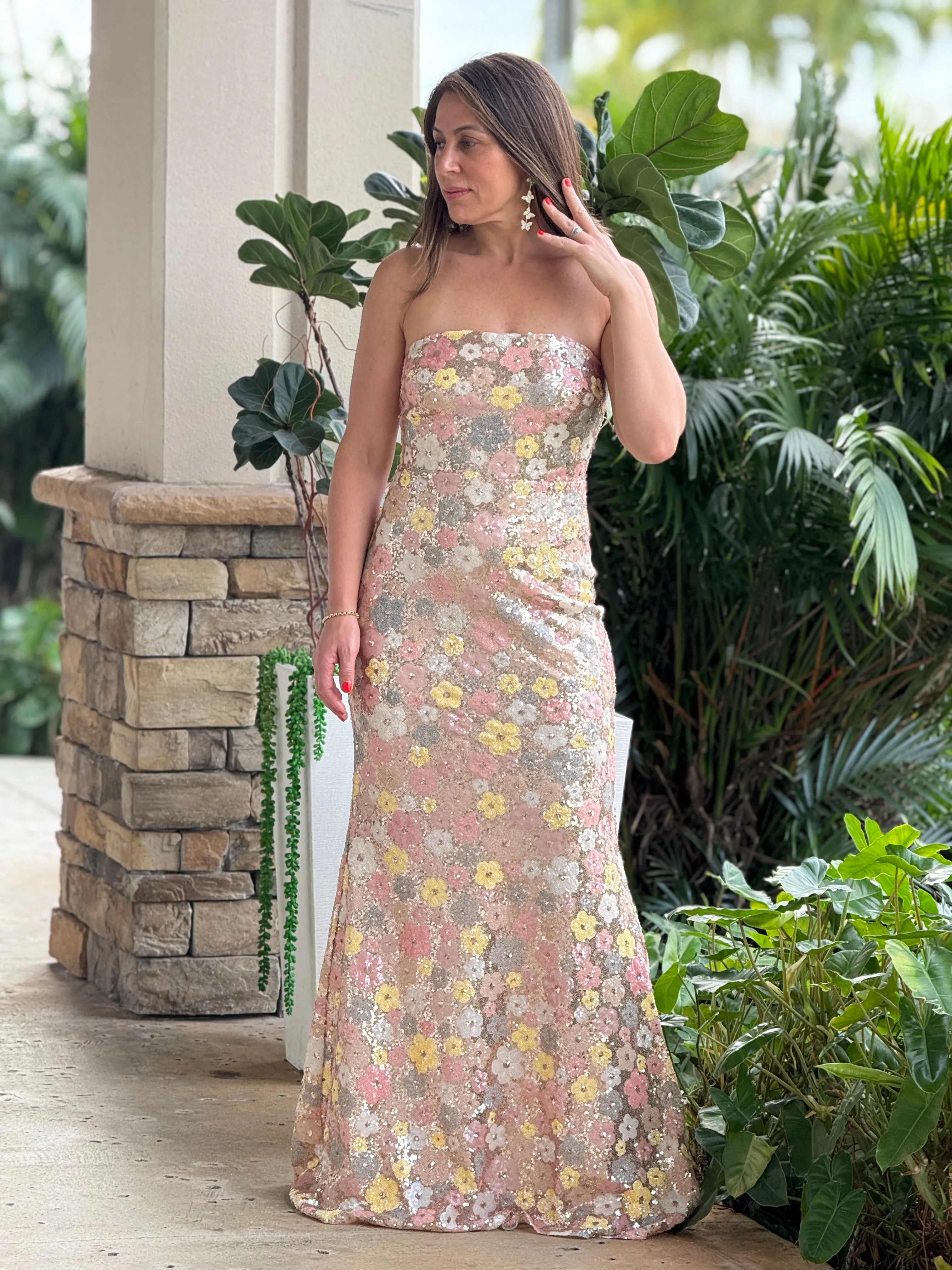 "Ruffina" Strapless Floral Sequin Maxi Dress
