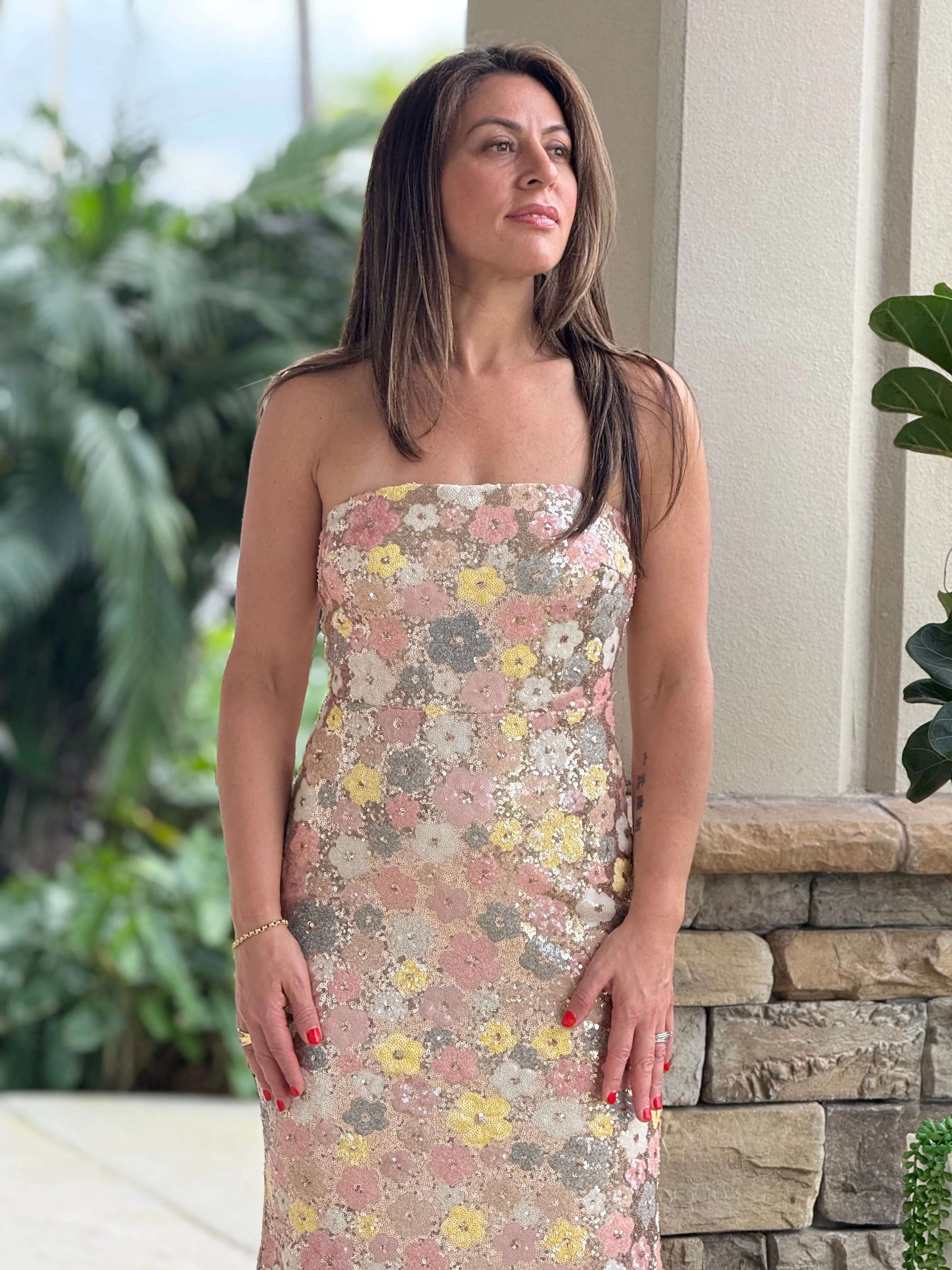 "Ruffina" Strapless Floral Sequin Maxi Dress