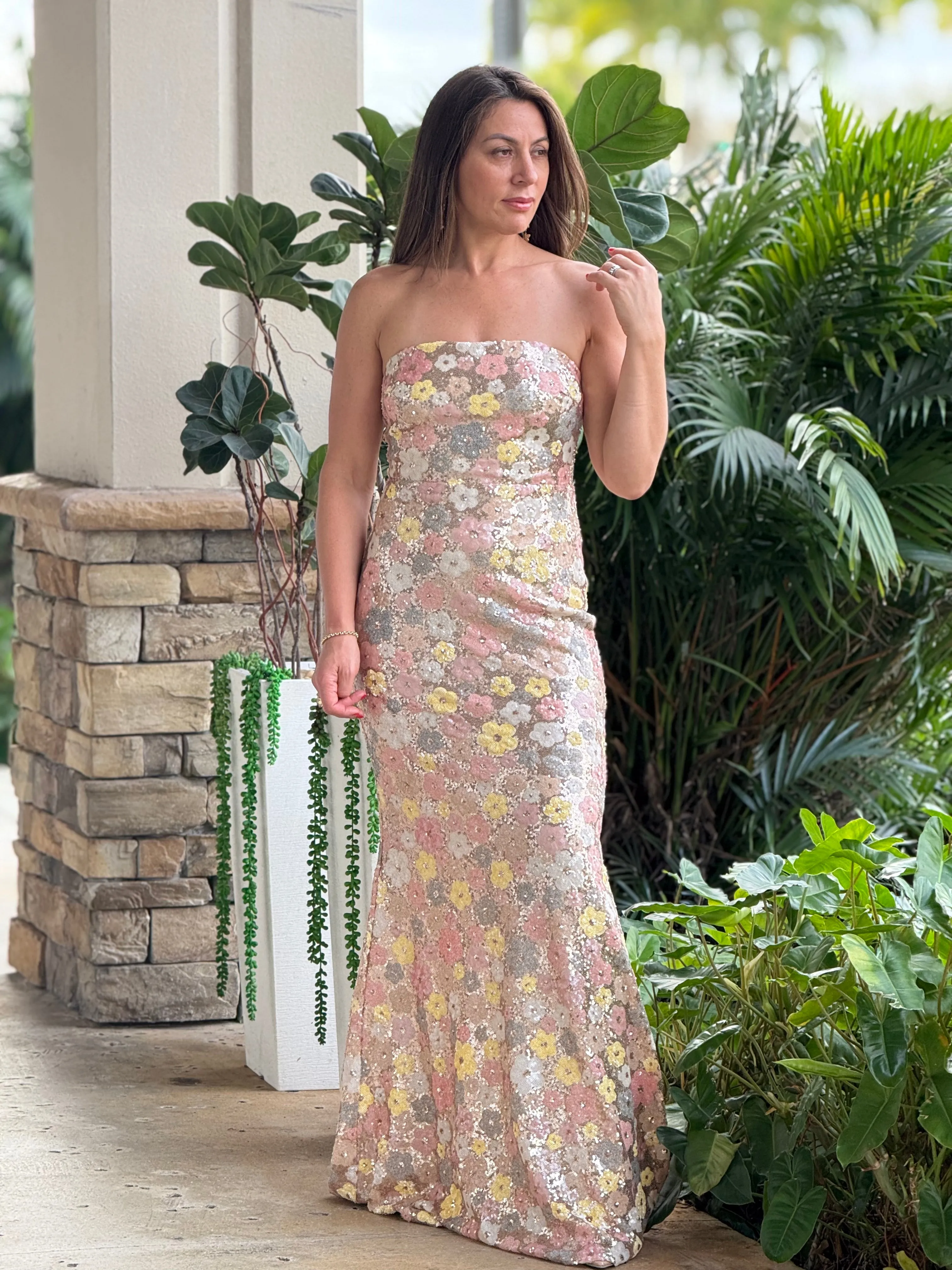 "Ruffina" Strapless Floral Sequin Maxi Dress