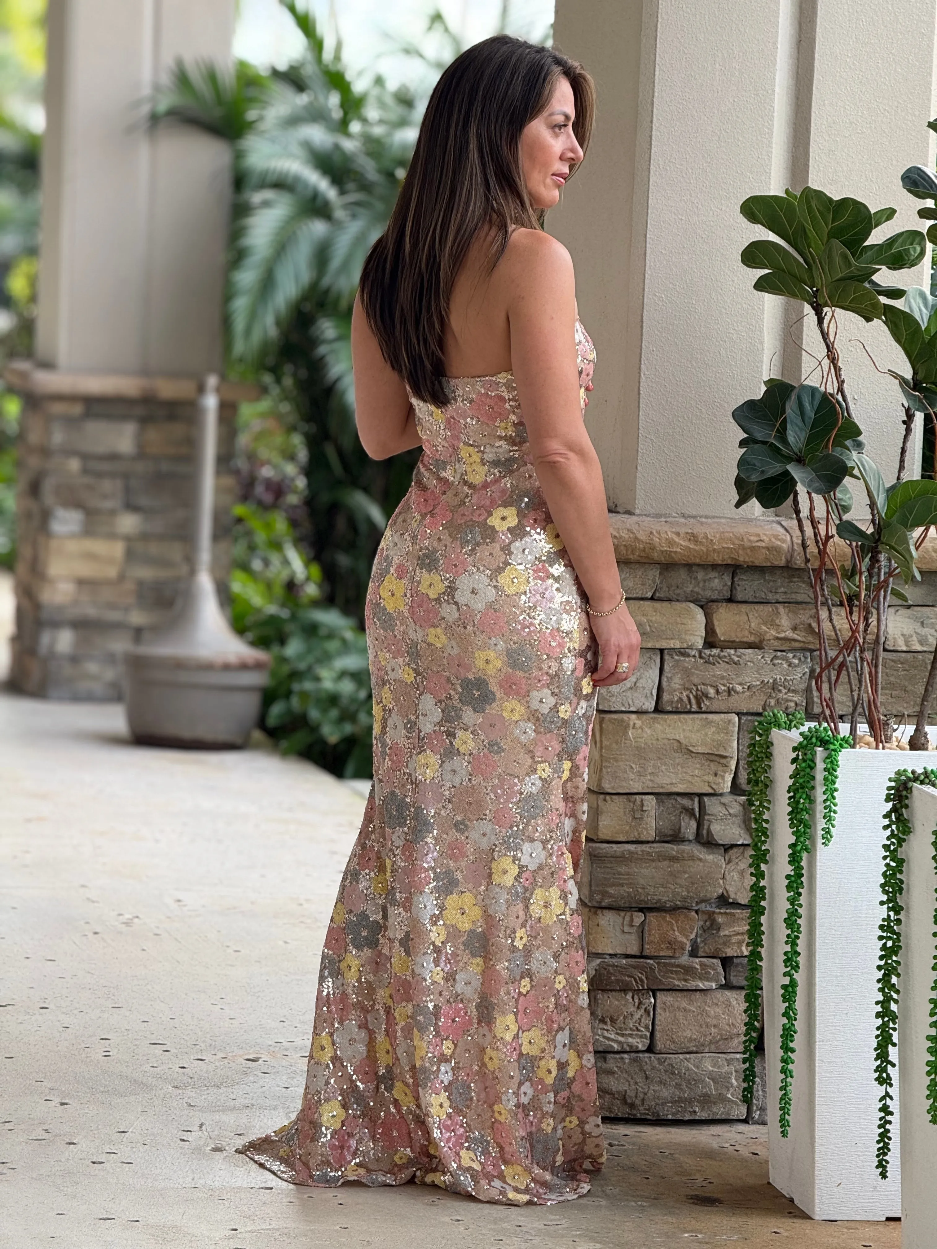 "Ruffina" Strapless Floral Sequin Maxi Dress