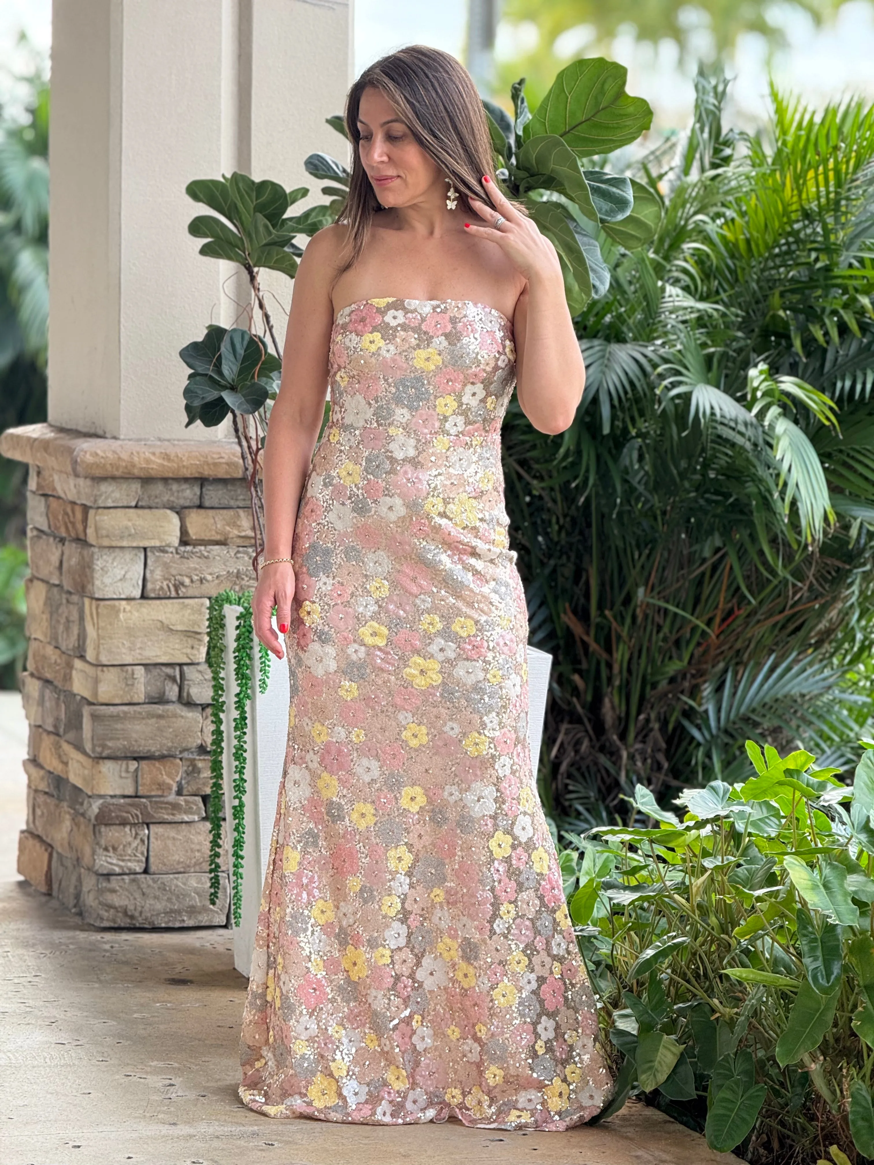 "Ruffina" Strapless Floral Sequin Maxi Dress