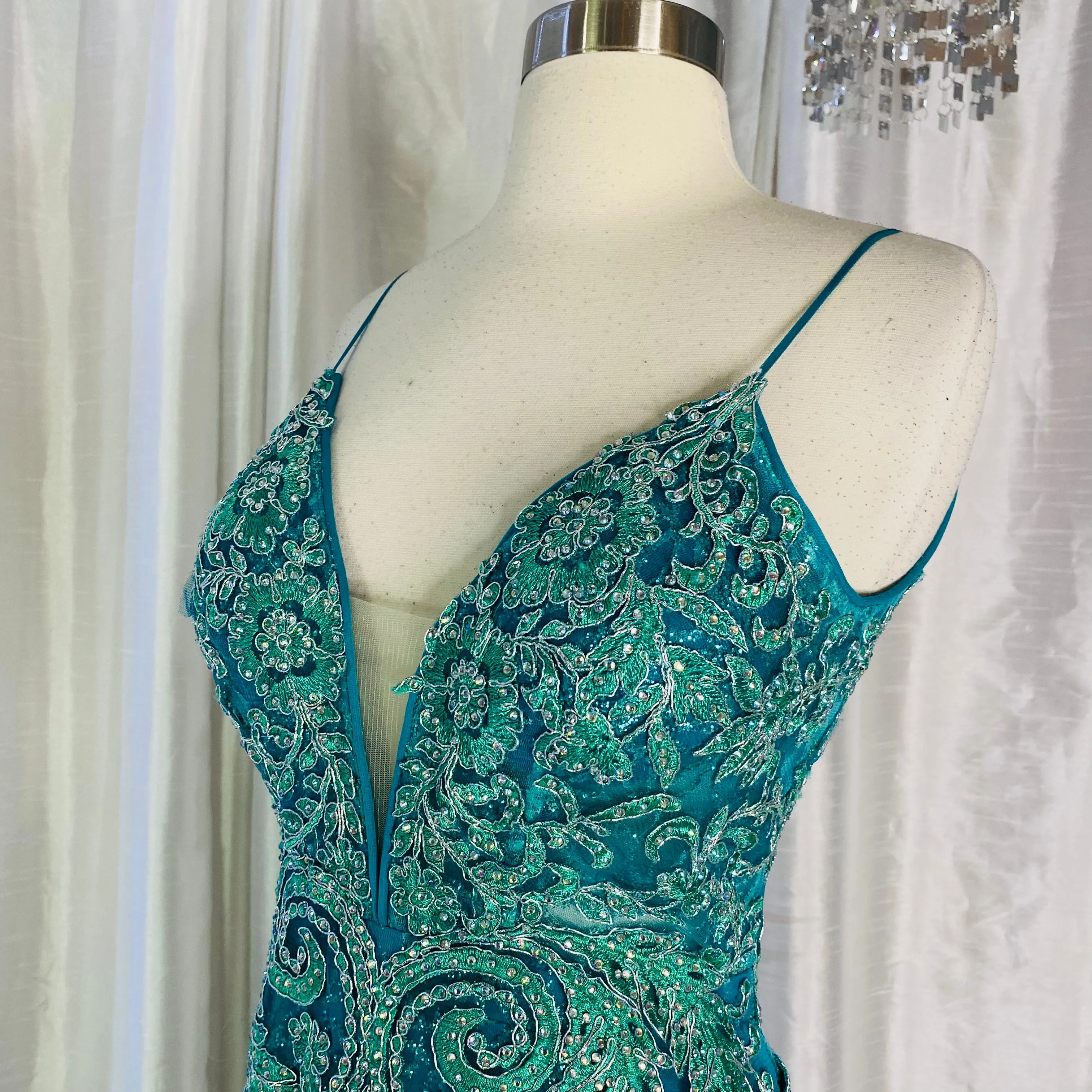 RACHEL ALLAN Style # 7048 Emerald Green Long Embellished Gown Size 8