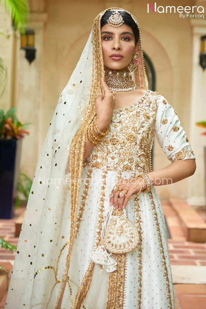 Raw Silk White Pakistani Bridal Gown with Lehnga #BS575