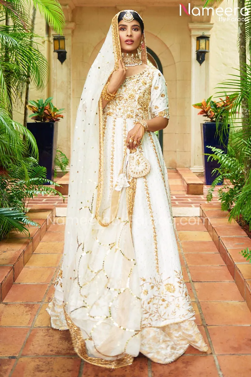 Raw Silk White Pakistani Bridal Gown with Lehnga #BS575