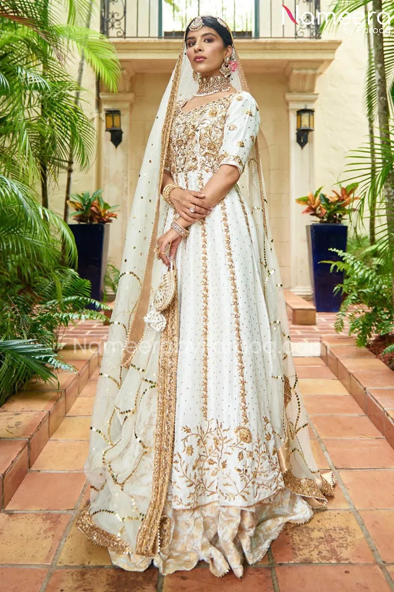 Raw Silk White Pakistani Bridal Gown with Lehnga #BS575