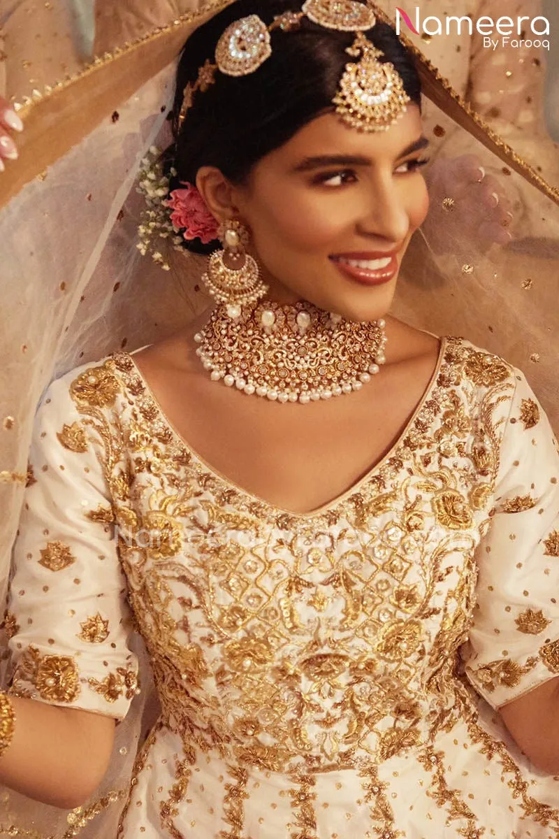 Raw Silk White Pakistani Bridal Gown with Lehnga #BS575